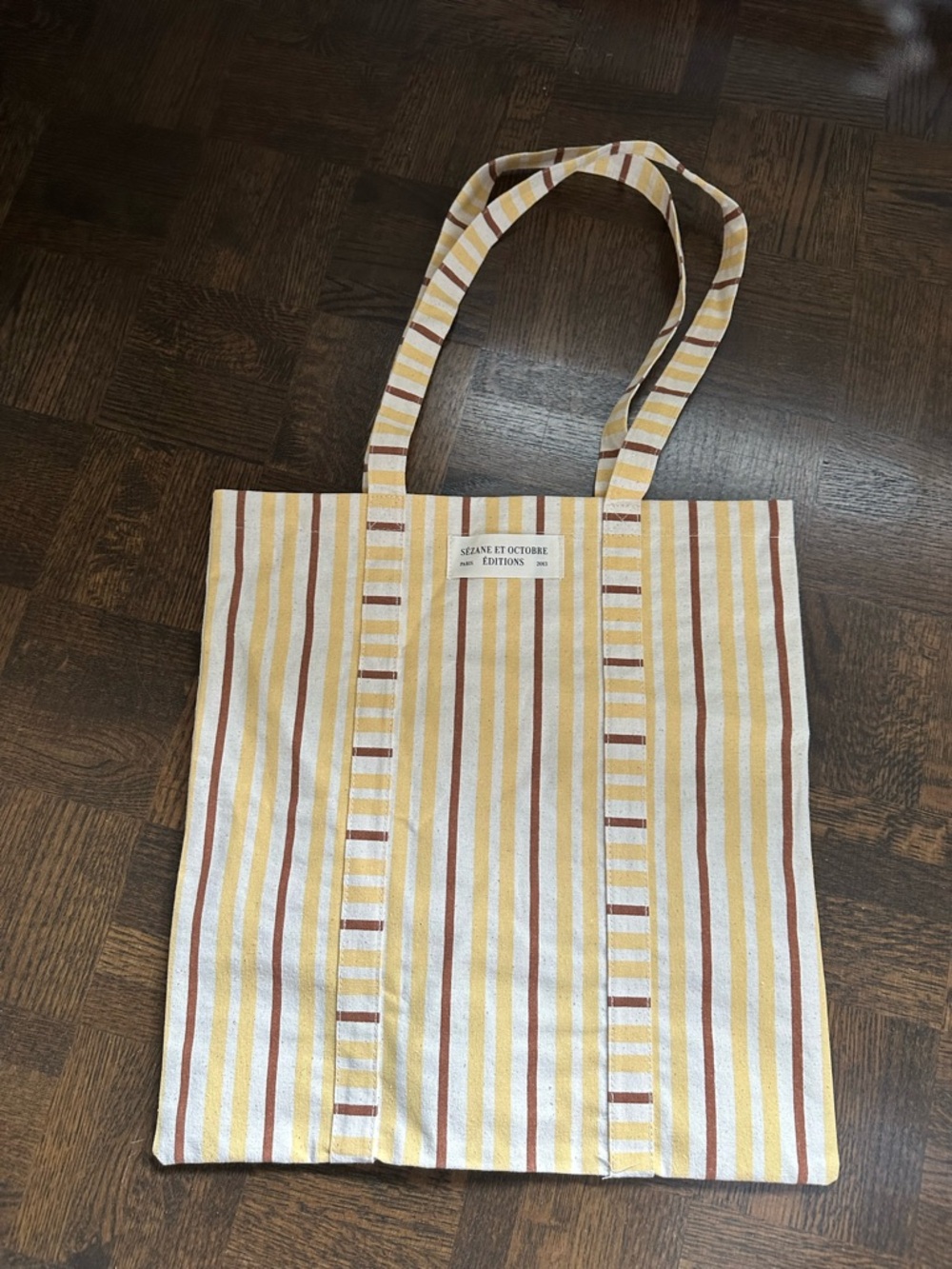 Sézane striped canvas tote in cream, yellow, brown